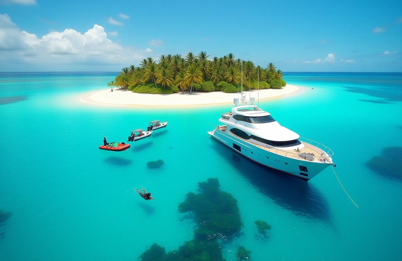 Abenteuer-Yacht vor entlegener tropischer Insel mit Taucher